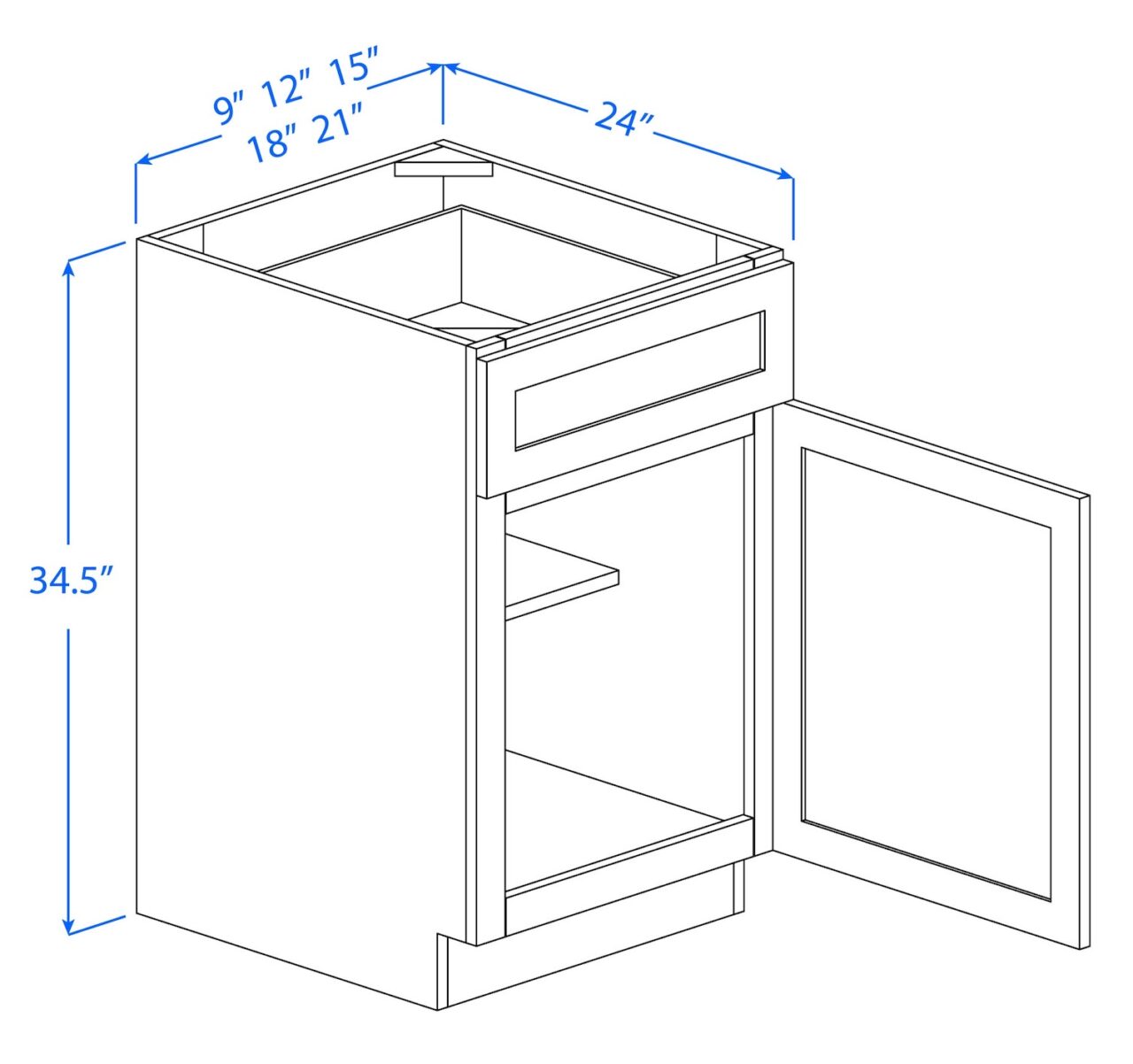 Kitchen Base Cabinets - 1 Door - 1 Drawer - 1 Shelf
