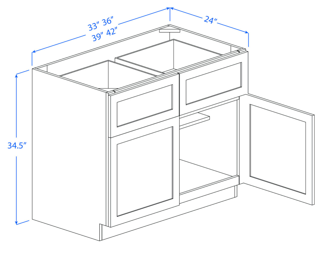 Kitchen Base Cabinets - 2 Doors - 2 Drawers - 1 Shelf