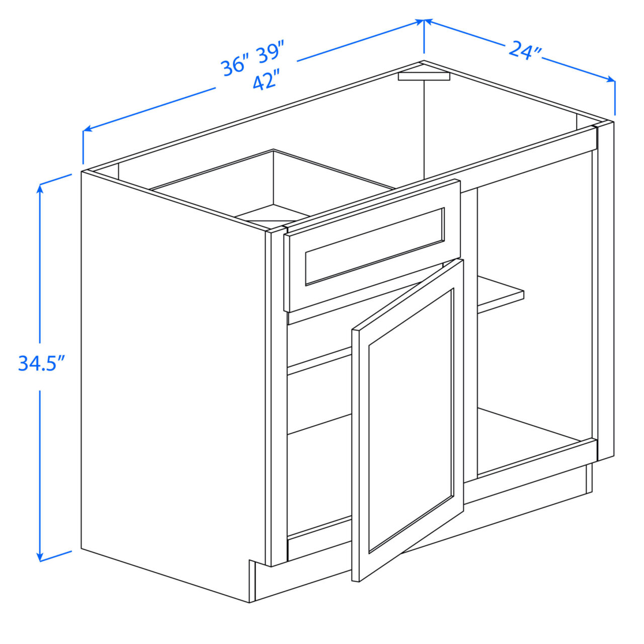 Kitchen Blind Corner Base Cabinets - 1 Door - 1 Drawer - 1 Shelf