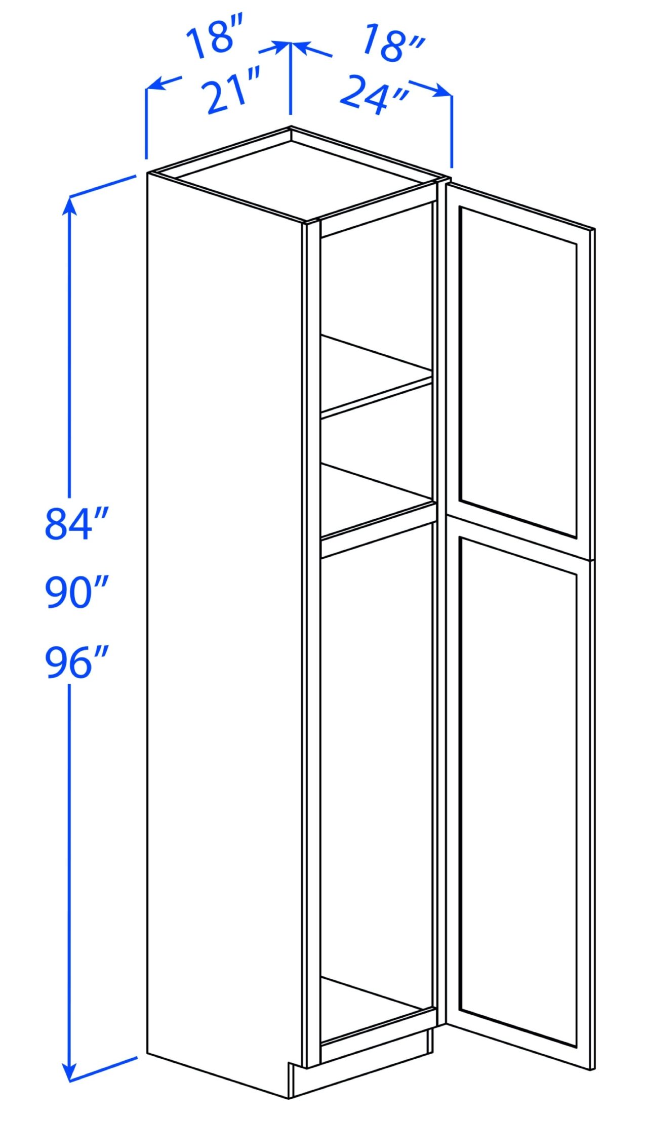 Kitchen Tall Utility Broom Cabinets - 1 Upper Door - 1 Lower Door - 1 Shelf
