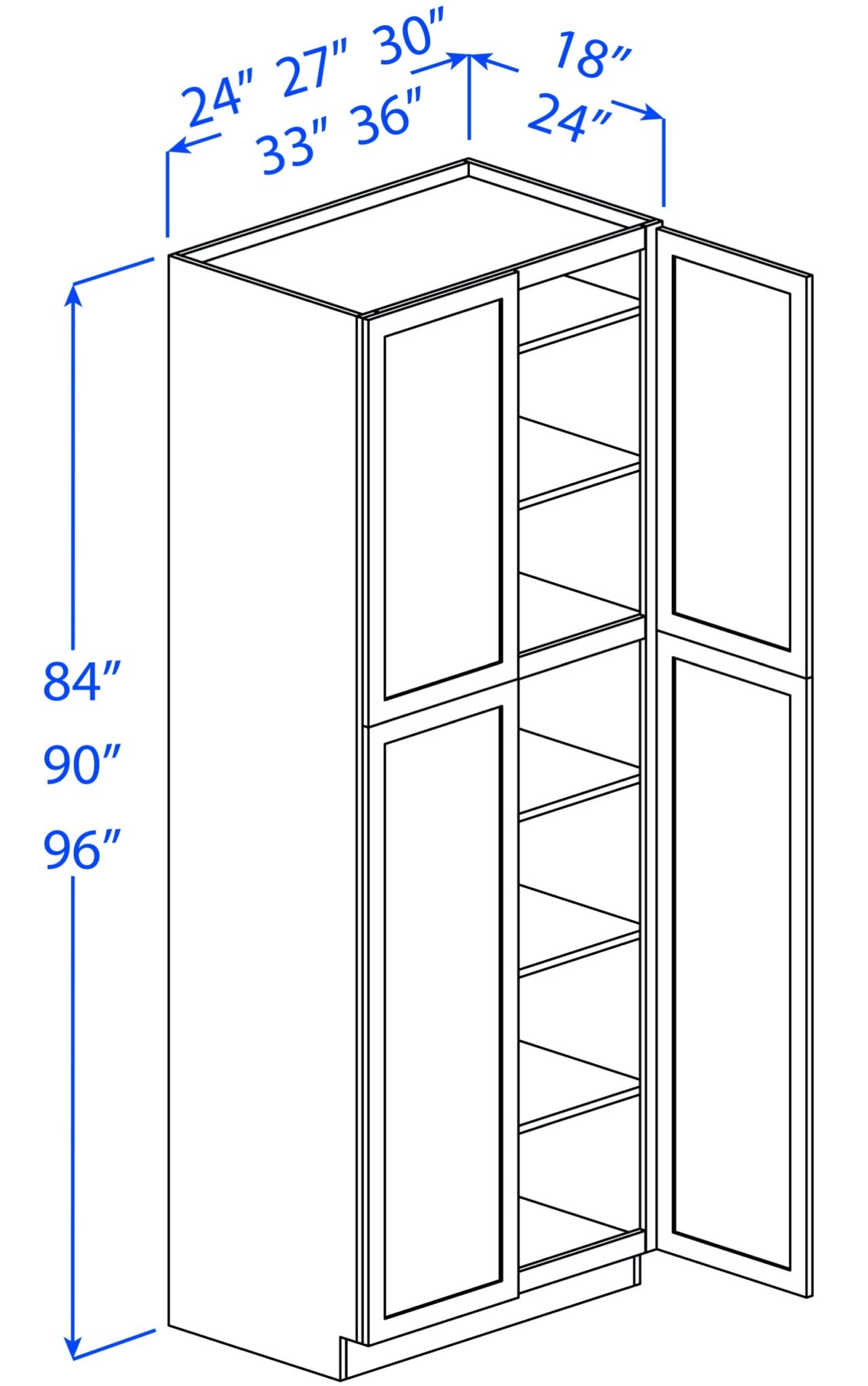 Kitchen Tall Utility Cabinets - 2 Upper Doors - 2 Lower Doors - 5 Shelves