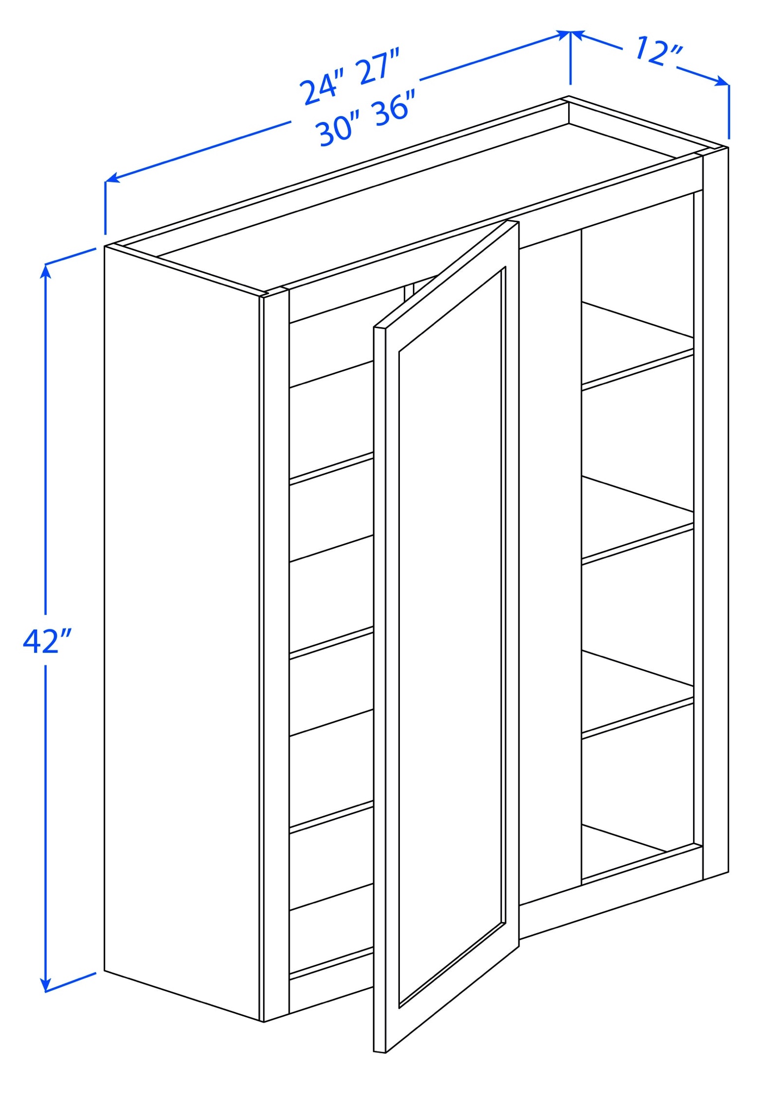 Kitchen Wall Blind Corner Cabinets - 1 Door - 3 Shelves - 12