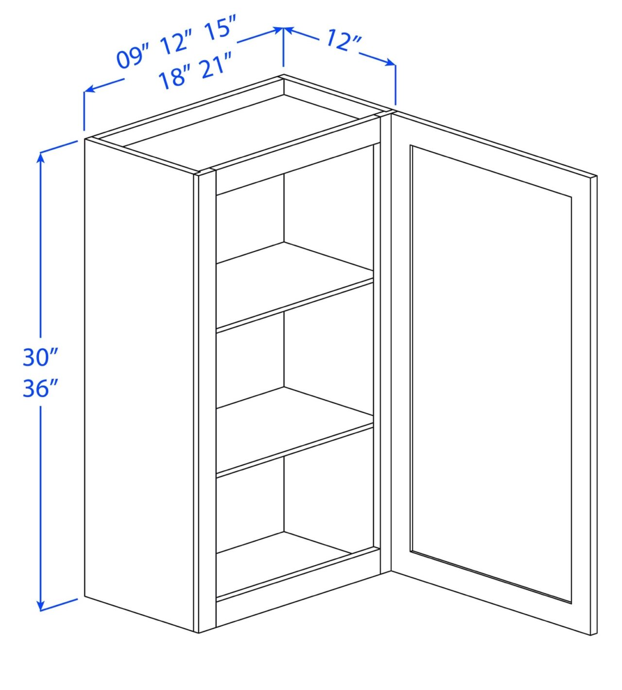 Kitchen Wall Cabinets - 1 Door - 2 Shelves - 12