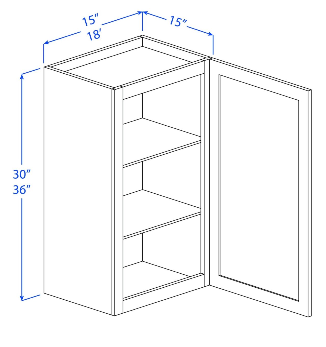 Kitchen Wall Cabinets - 1 Door - 2 Shelves - 15