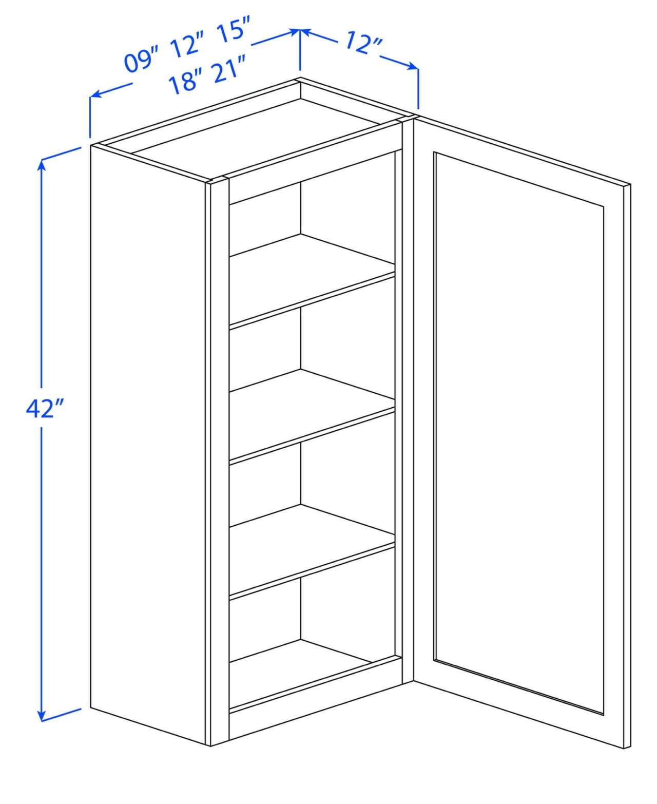 Kitchen Wall Cabinets - 1 Door - 3 Shelves - 12