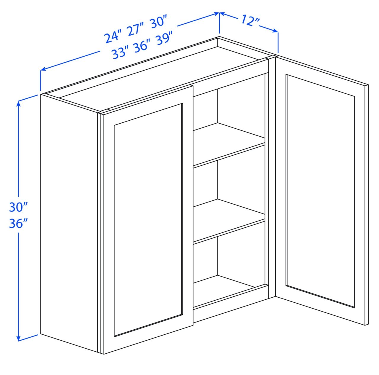 Kitchen Wall Cabinets - 2 Doors - 2 Shelves - 12