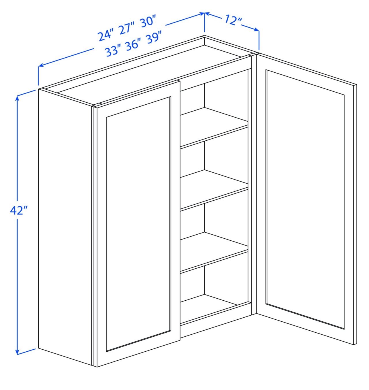 Kitchen Wall Cabinets - 2 Doors - 3 Shelves - 12