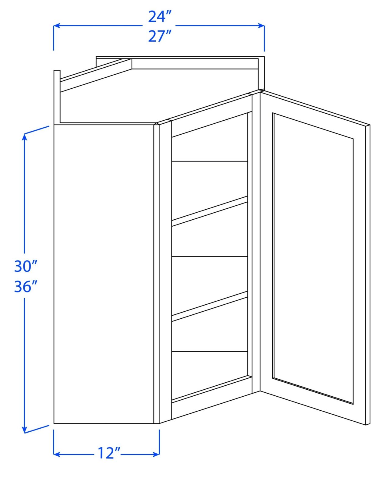 Kitchen Wall Diagonal Corner Cabinets - 1 Door - 2 Shelves - 12
